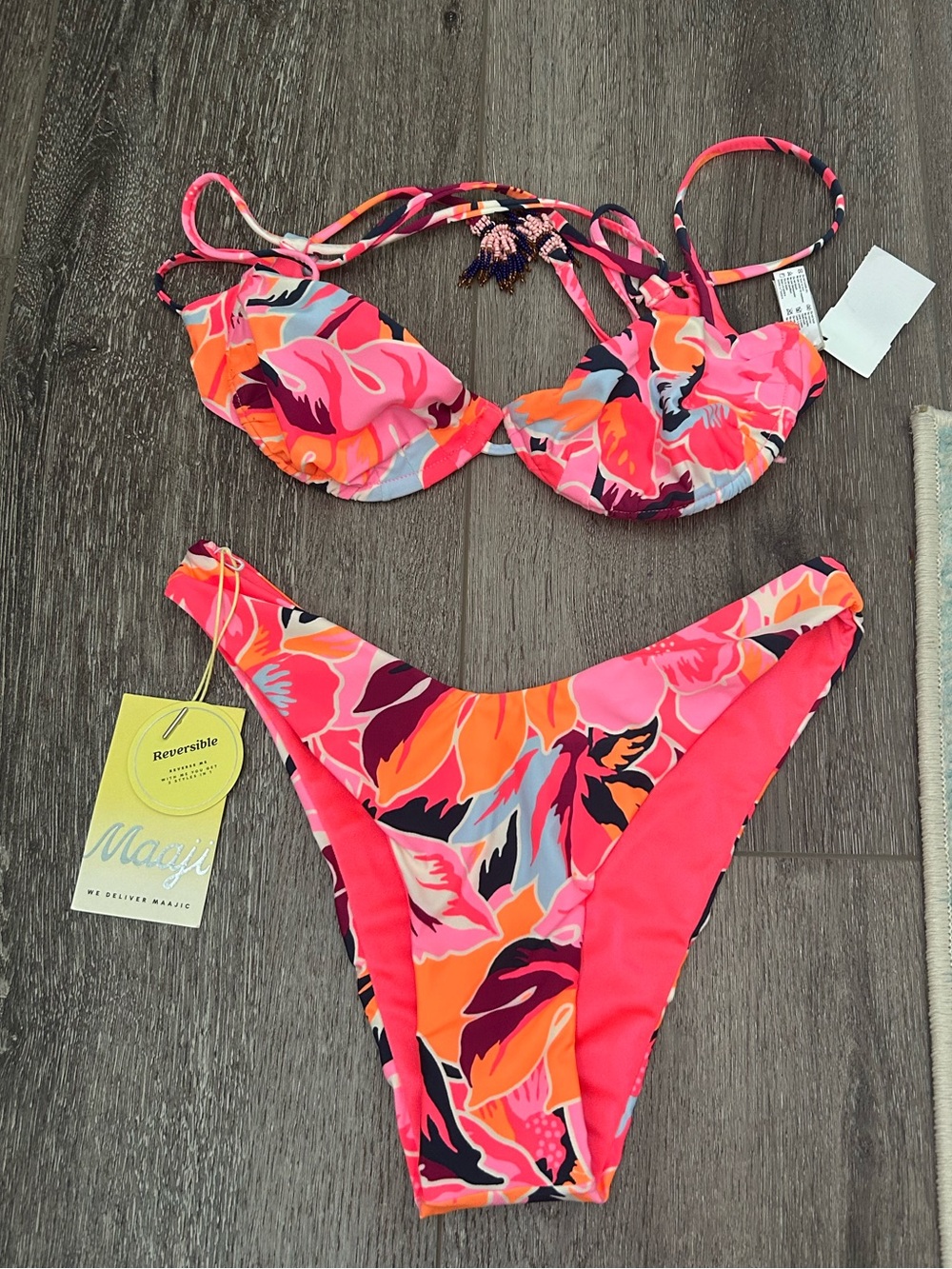 Maaji Pink & Orange Floral Beaded Bikini Set